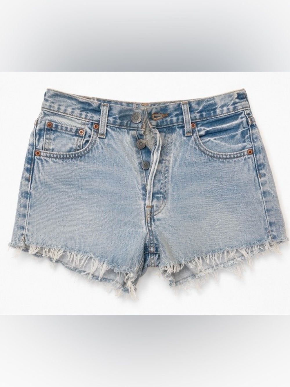 Levi’s Light Wash Button Fly Cutoff Denim Shorts Distressed Raw Hem-FLAW - Picture 2 of 6